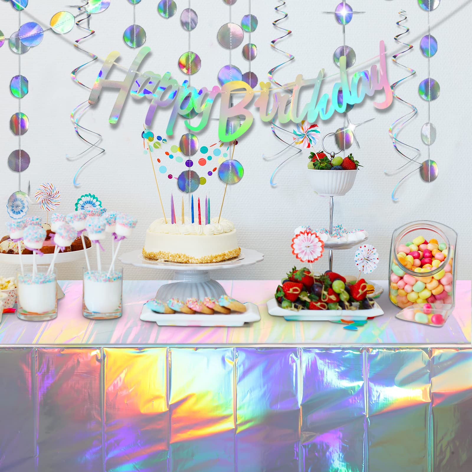 Iridescent Happy Birthday Banner Party Decorations, Shiny Happy Birthday Sign Holographic Circle Garlands Hanging Dots Streamer Backdrop Tablecloth for Iridescent Birthday Party Decorations Supplies