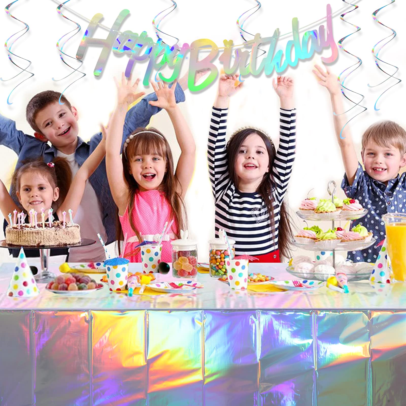 Iridescent Happy Birthday Banner Party Decorations, Shiny Happy Birthday Sign Holographic Circle Garlands Hanging Dots Streamer Backdrop Tablecloth for Iridescent Birthday Party Decorations Supplies