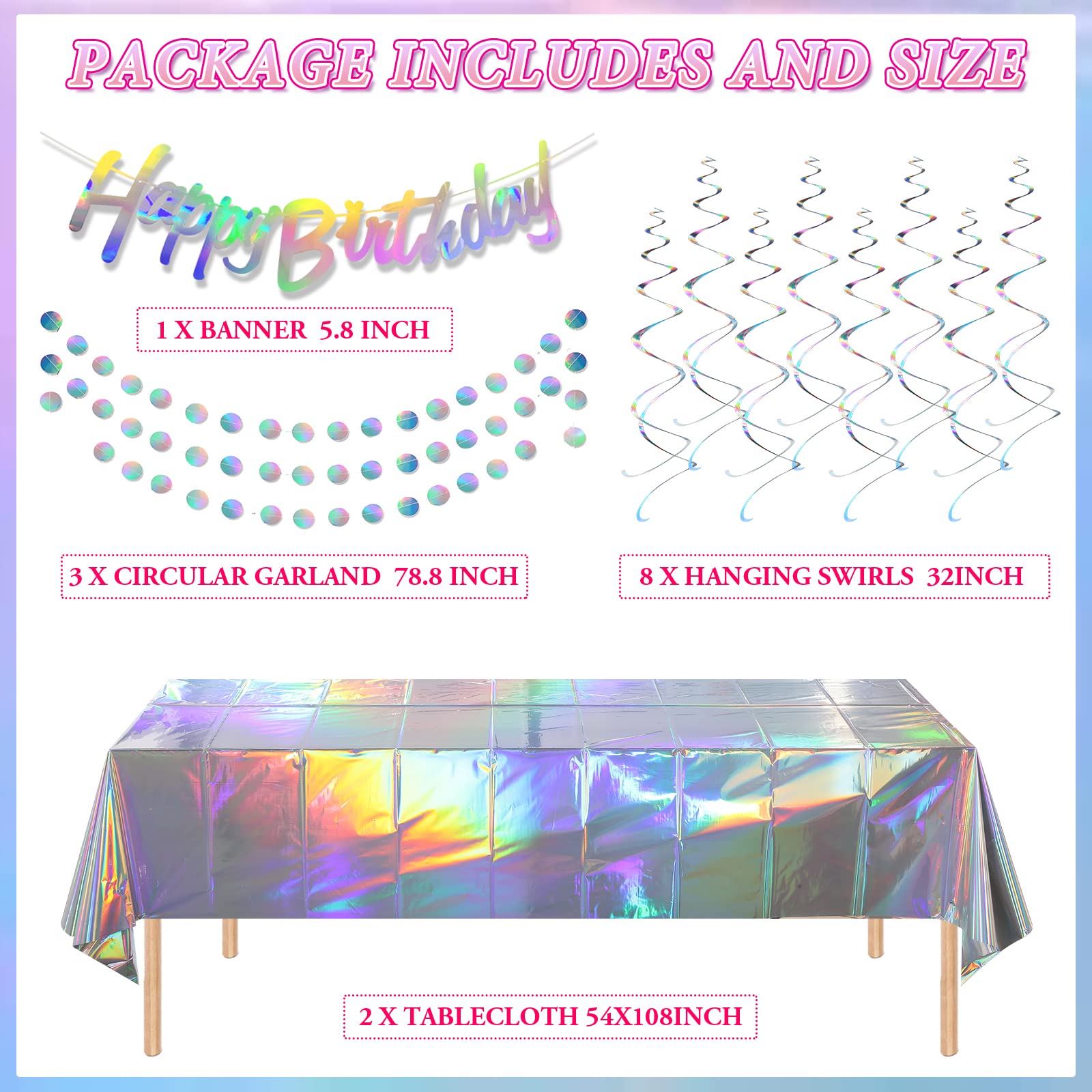 Iridescent Happy Birthday Banner Party Decorations, Shiny Happy Birthday Sign Holographic Circle Garlands Hanging Dots Streamer Backdrop Tablecloth for Iridescent Birthday Party Decorations Supplies