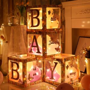 spring butterfly baby shower boxes decorations for girl, pink baby balloon boxes with letters and light for baby shower gender reveal party supplies, baby blocks for 1st birthday party decorations