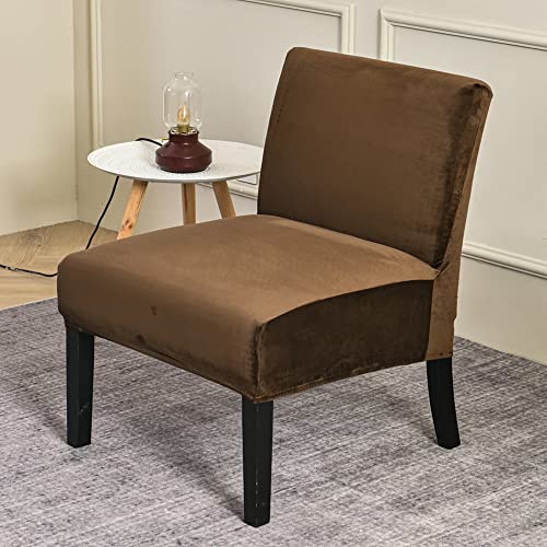 OBCREAT Armless Accent Chair Cover,High Stretch Slipper Chair Slipcovers Soft Velvet Armless Chair Covers with Elastic Bottom Plush Furniture Protector Cover for Living Room Home Hotel (Brown)