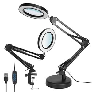 magnifying glass with light and stand, moclever 8x magnifying lamp, 2-in-1 desk lamp & clamp,craft lamp with 10 brightness 3 modes, led lighted magnifier with light for close work reading repair craft