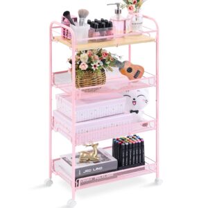 kingrack 4-tier metal rolling utility cart, pink, flexible, sturdy, easy assembly, anti-rust, waterproof, scratch-resistant, breathable mesh basket, ideal for home storage