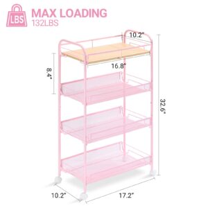 KINGRACK 4-Tier Metal Rolling Utility Cart, Pink, Flexible, Sturdy, Easy Assembly, Anti-Rust, Waterproof, Scratch-Resistant, Breathable Mesh Basket, Ideal for Home Storage