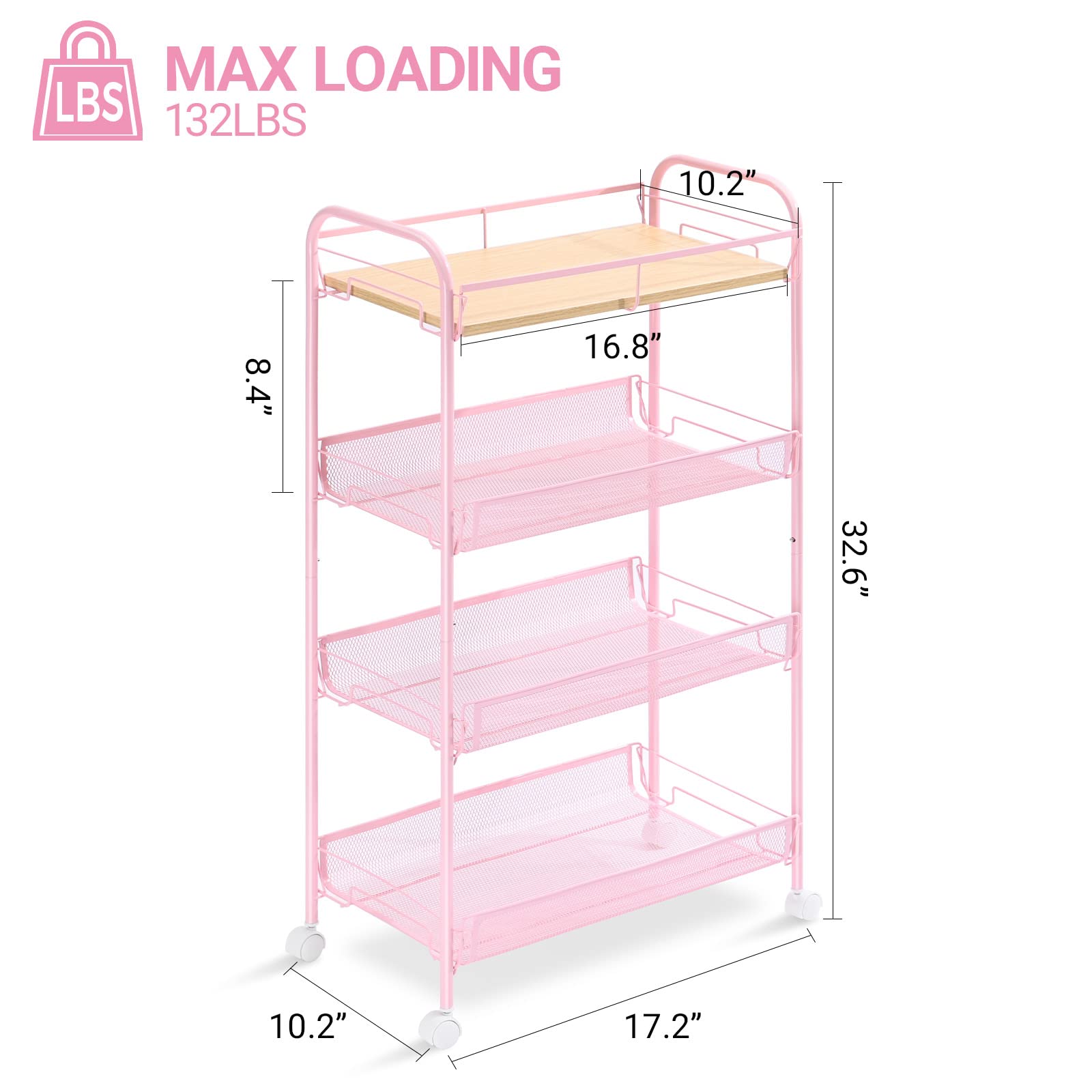 KINGRACK 4-Tier Metal Rolling Utility Cart, Pink, Flexible, Sturdy, Easy Assembly, Anti-Rust, Waterproof, Scratch-Resistant, Breathable Mesh Basket, Ideal for Home Storage