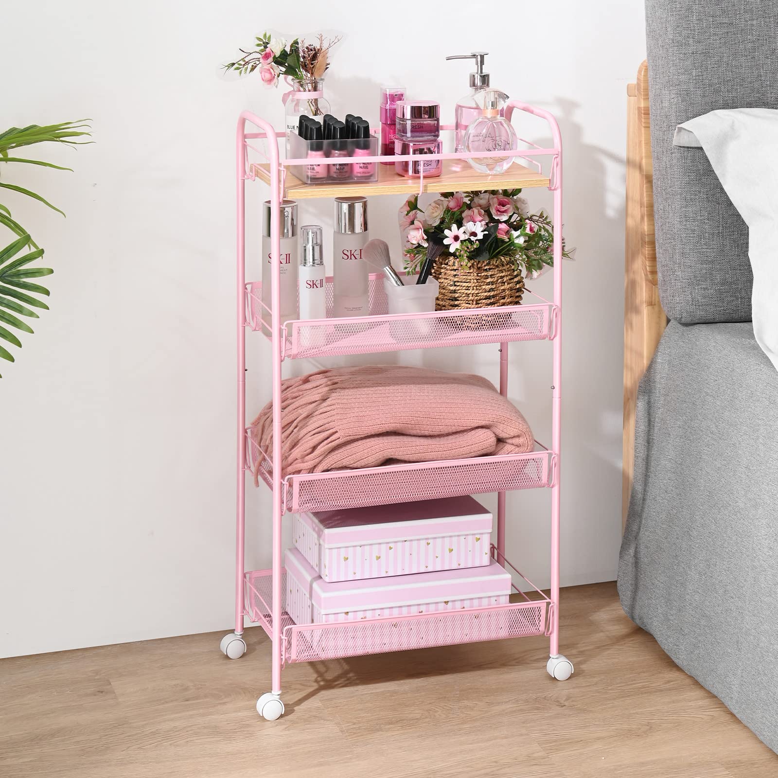 KINGRACK 4-Tier Metal Rolling Utility Cart, Pink, Flexible, Sturdy, Easy Assembly, Anti-Rust, Waterproof, Scratch-Resistant, Breathable Mesh Basket, Ideal for Home Storage