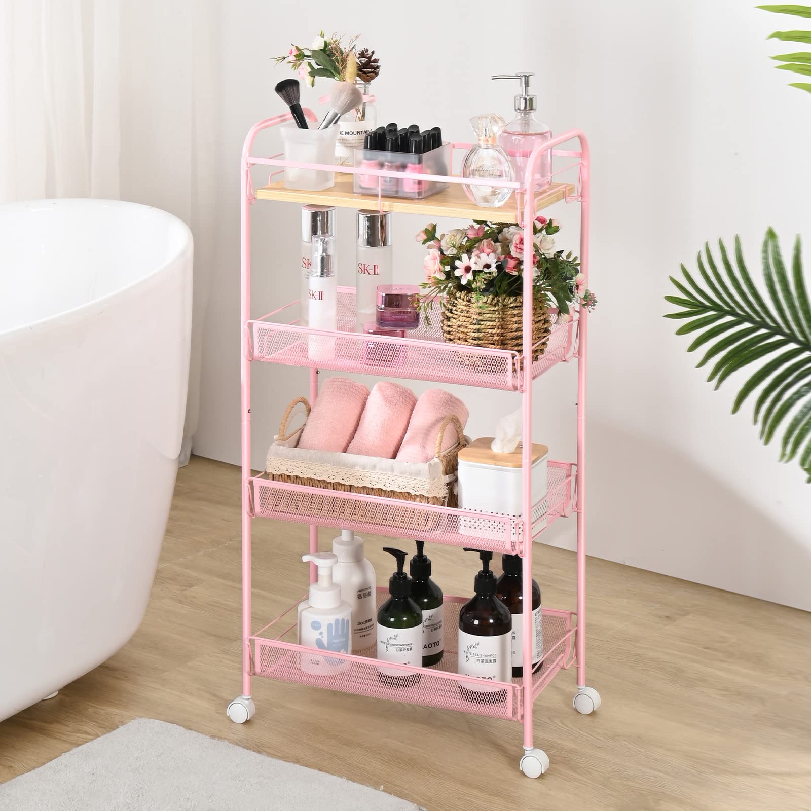 KINGRACK 4-Tier Metal Rolling Utility Cart, Pink, Flexible, Sturdy, Easy Assembly, Anti-Rust, Waterproof, Scratch-Resistant, Breathable Mesh Basket, Ideal for Home Storage