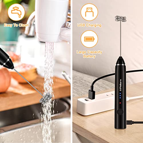 Philorn Milk Frother Handheld Rechargeable Coffee Frother - Frother Wand with 2 Heads, Electric Whisk Drink Mixer for Coffee, Mini Foamer for Lattes, Cappuccino, Frappe, Matcha, Hot Chocolate-3 Speed