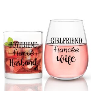 modwnfy husband wife whiskey glass & stemless wine glass set of 2, wedding gift bridal shower gift for couples newlyweds bride & broom mr & mrs on valentine's day christmas anniversary bachelor party