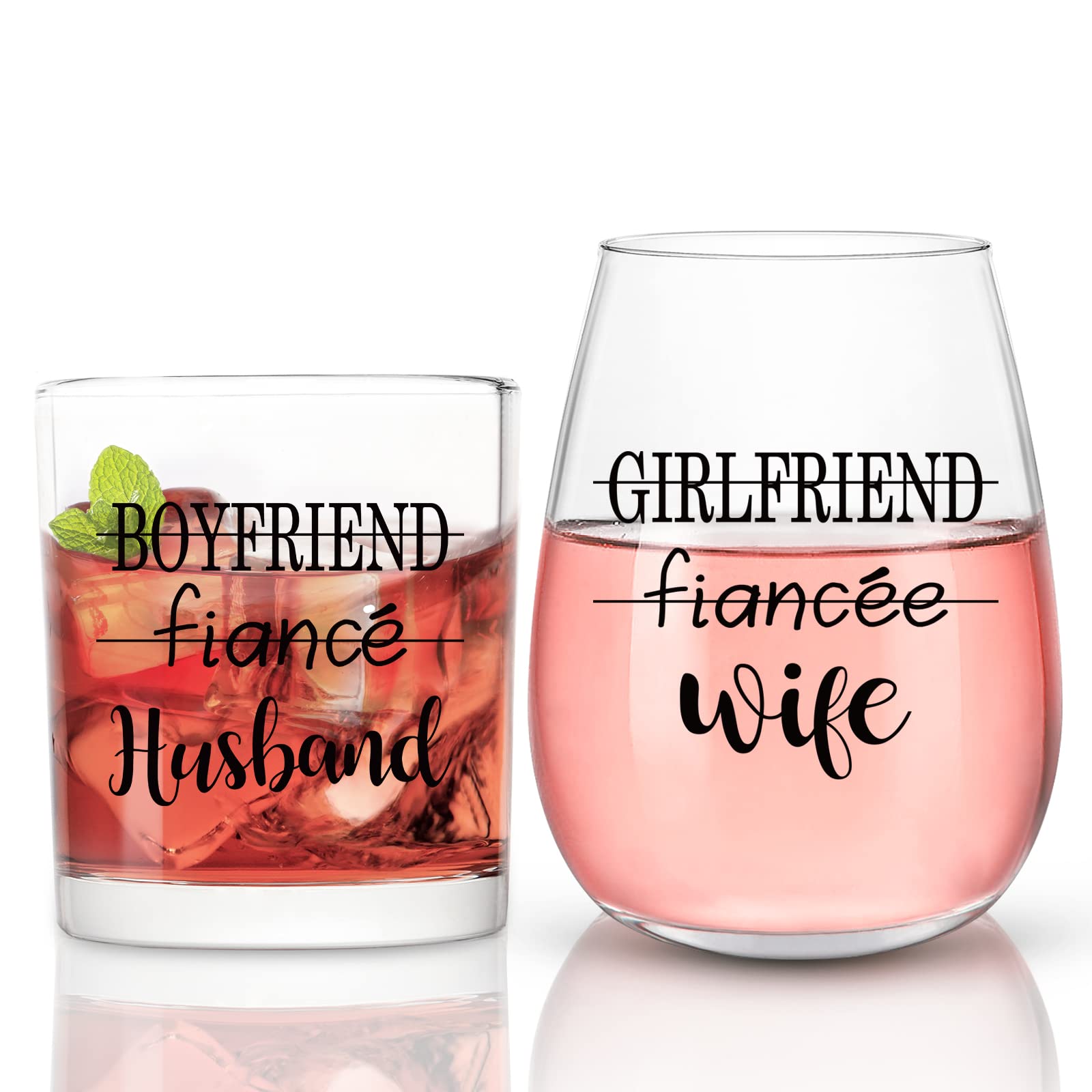 Modwnfy Husband Wife Whiskey Glass & Stemless Wine Glass Set of 2, Wedding Gift Bridal Shower Gift for Couples Newlyweds Bride & Broom Mr & Mrs on Valentine's Day Christmas Anniversary Bachelor Party