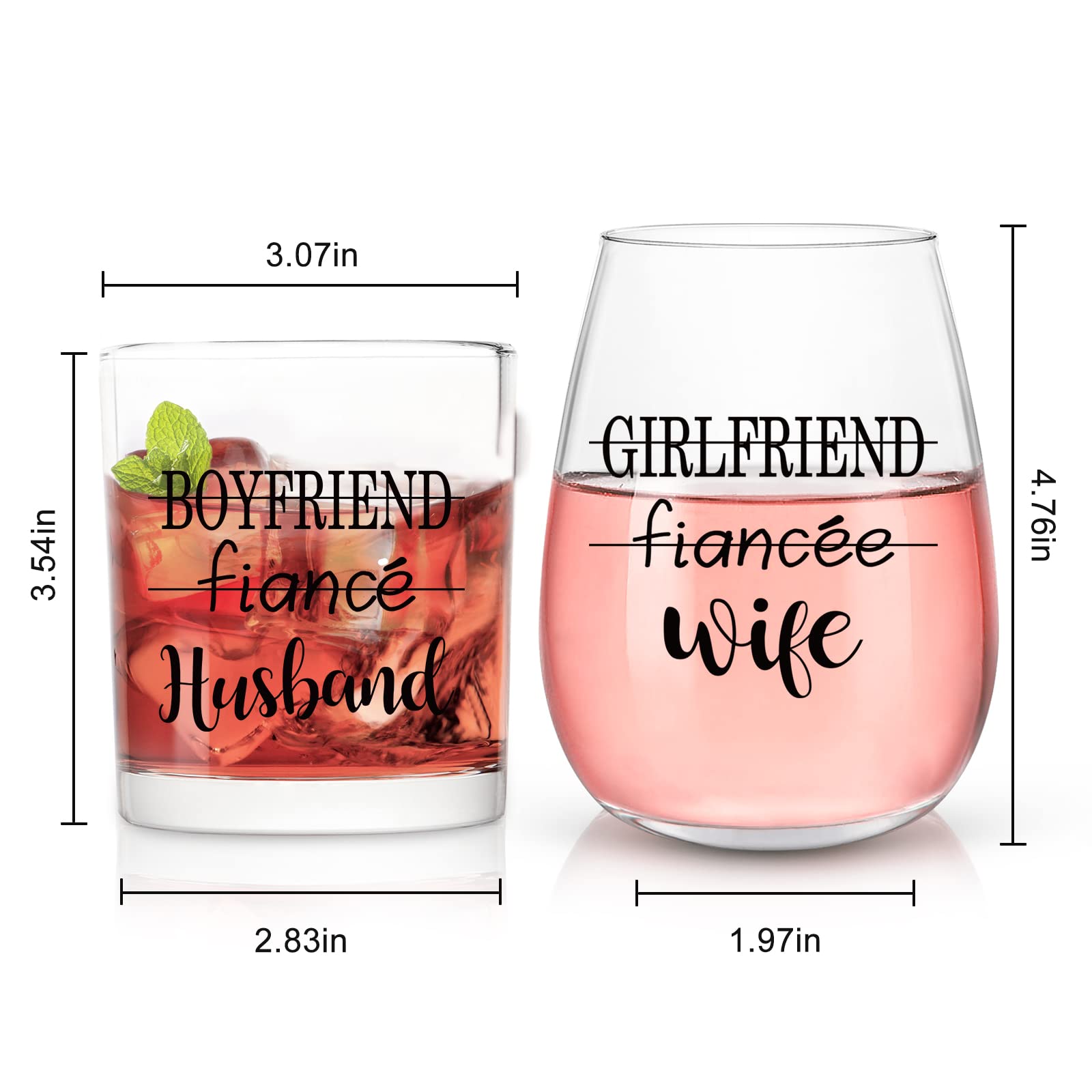 Modwnfy Husband Wife Whiskey Glass & Stemless Wine Glass Set of 2, Wedding Gift Bridal Shower Gift for Couples Newlyweds Bride & Broom Mr & Mrs on Valentine's Day Christmas Anniversary Bachelor Party