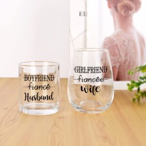 Modwnfy Husband Wife Whiskey Glass & Stemless Wine Glass Set of 2, Wedding Gift Bridal Shower Gift for Couples Newlyweds Bride & Broom Mr & Mrs on Valentine's Day Christmas Anniversary Bachelor Party