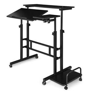 monibloom mobile standing desk adjustable height workstation rolling presentation cart stand up laptop table with side storage for home office classroom with wheels, black