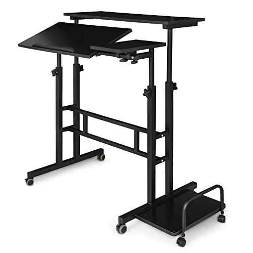 MoNiBloom Mobile Standing Desk Adjustable Height Workstation Rolling Presentation Cart Stand Up Laptop Table with Side Storage for Home Office Classroom with Wheels, Black