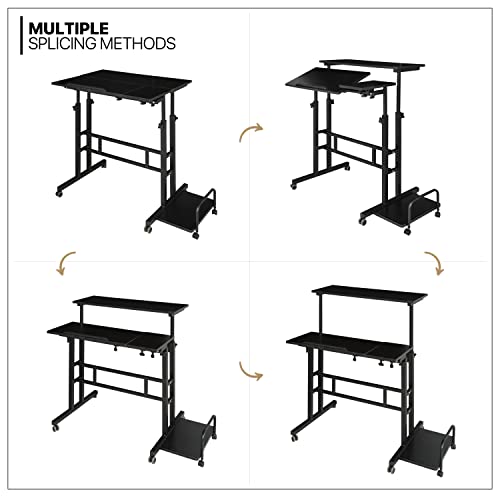 MoNiBloom Mobile Standing Desk Adjustable Height Workstation Rolling Presentation Cart Stand Up Laptop Table with Side Storage for Home Office Classroom with Wheels, Black