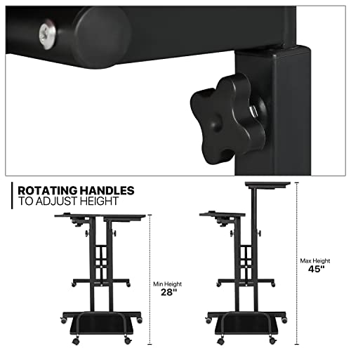 MoNiBloom Mobile Standing Desk Adjustable Height Workstation Rolling Presentation Cart Stand Up Laptop Table with Side Storage for Home Office Classroom with Wheels, Black