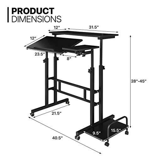 MoNiBloom Mobile Standing Desk Adjustable Height Workstation Rolling Presentation Cart Stand Up Laptop Table with Side Storage for Home Office Classroom with Wheels, Black