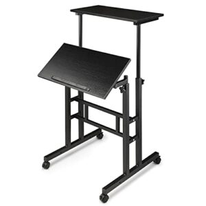 monibloom mobile desk workstation height adjustable rolling laptop stand table with wheels for home office laptop cart, computer desk, black