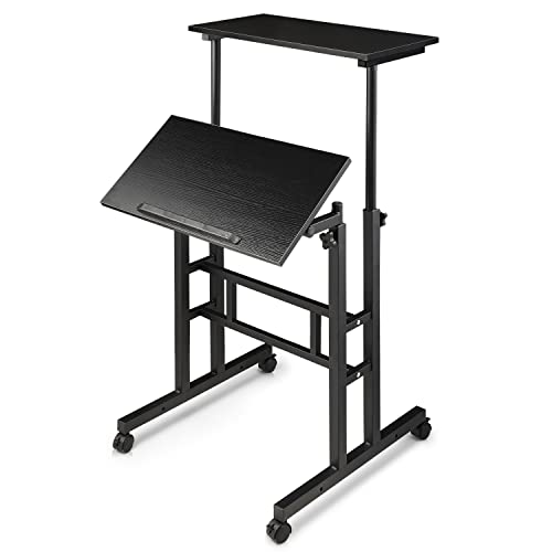 MoNiBloom Mobile Desk Workstation Height Adjustable Rolling Laptop Stand Table with Wheels for Home Office Laptop Cart, Computer Desk, Black