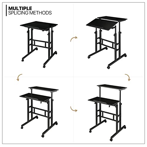 MoNiBloom Mobile Desk Workstation Height Adjustable Rolling Laptop Stand Table with Wheels for Home Office Laptop Cart, Computer Desk, Black