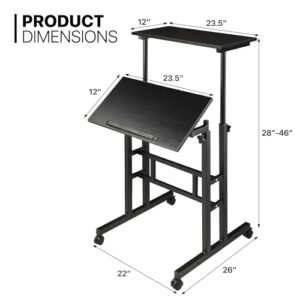 MoNiBloom Mobile Desk Workstation Height Adjustable Rolling Laptop Stand Table with Wheels for Home Office Laptop Cart, Computer Desk, Black