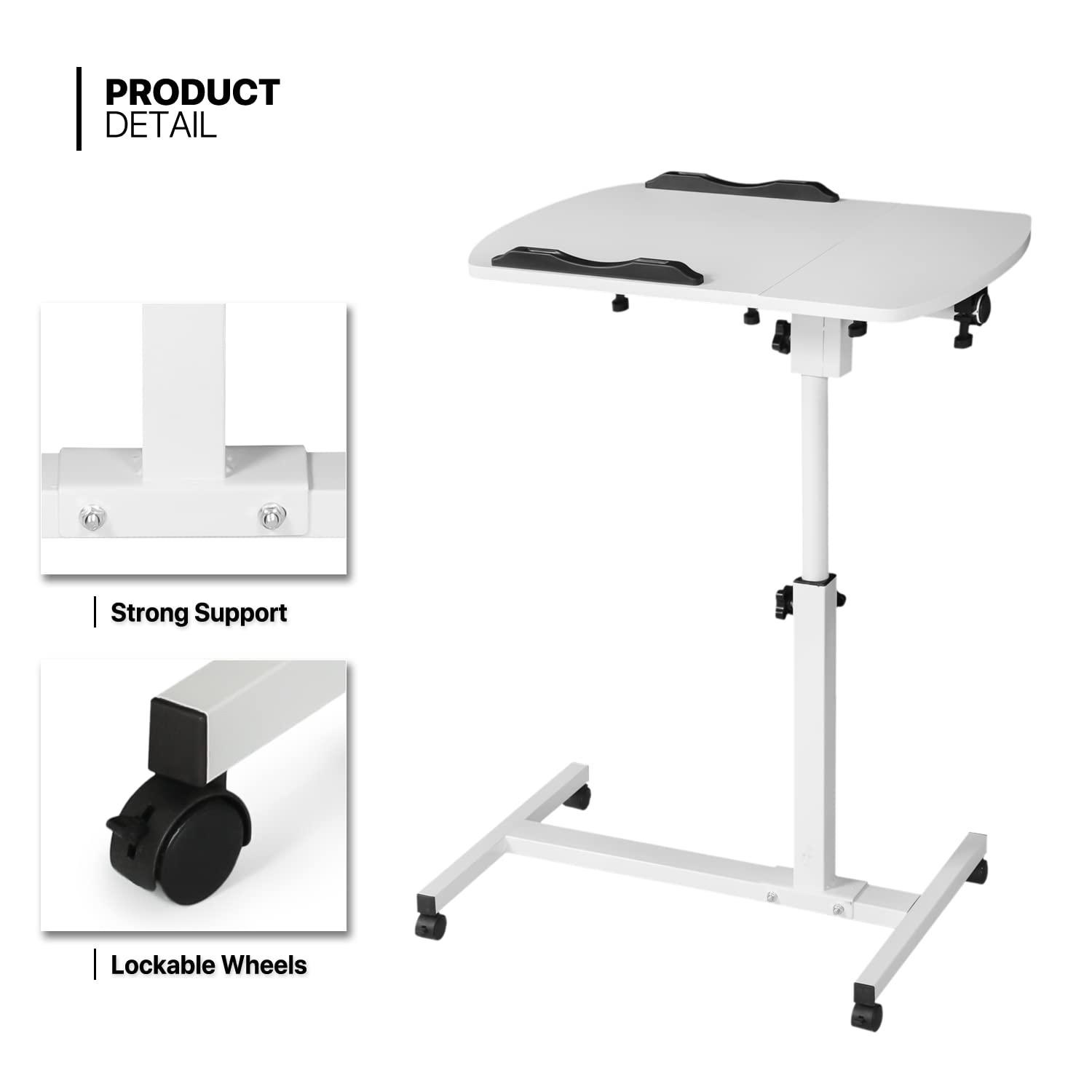 MoNiBloom Mobile Laptop Desk 75° Tiltable Height Adjustable Rolling Laptop Sofa Bed Side Table Couch Computer Desk Stand with Wheels for Home Office Classroom, White