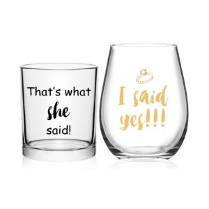 dazlute i said yes that's what she said stemless wine glass and whiskey glass, engagement gifts wedding gifts valentine’s day gifts bridal shower gifts for couples him her newlyweds fiance fiancee