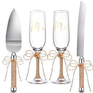 4 piece wedding toasting flutes and cake server set wedding reception supplies champagne glasses cake knife pie server (burlap bow)