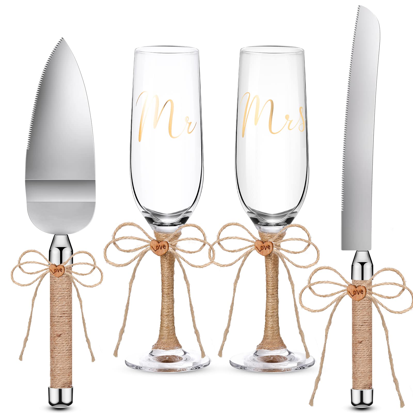 4 Piece Wedding Toasting Flutes and Cake Server Set Wedding Reception Supplies Champagne Glasses Cake Knife Pie Server (Burlap Bow)