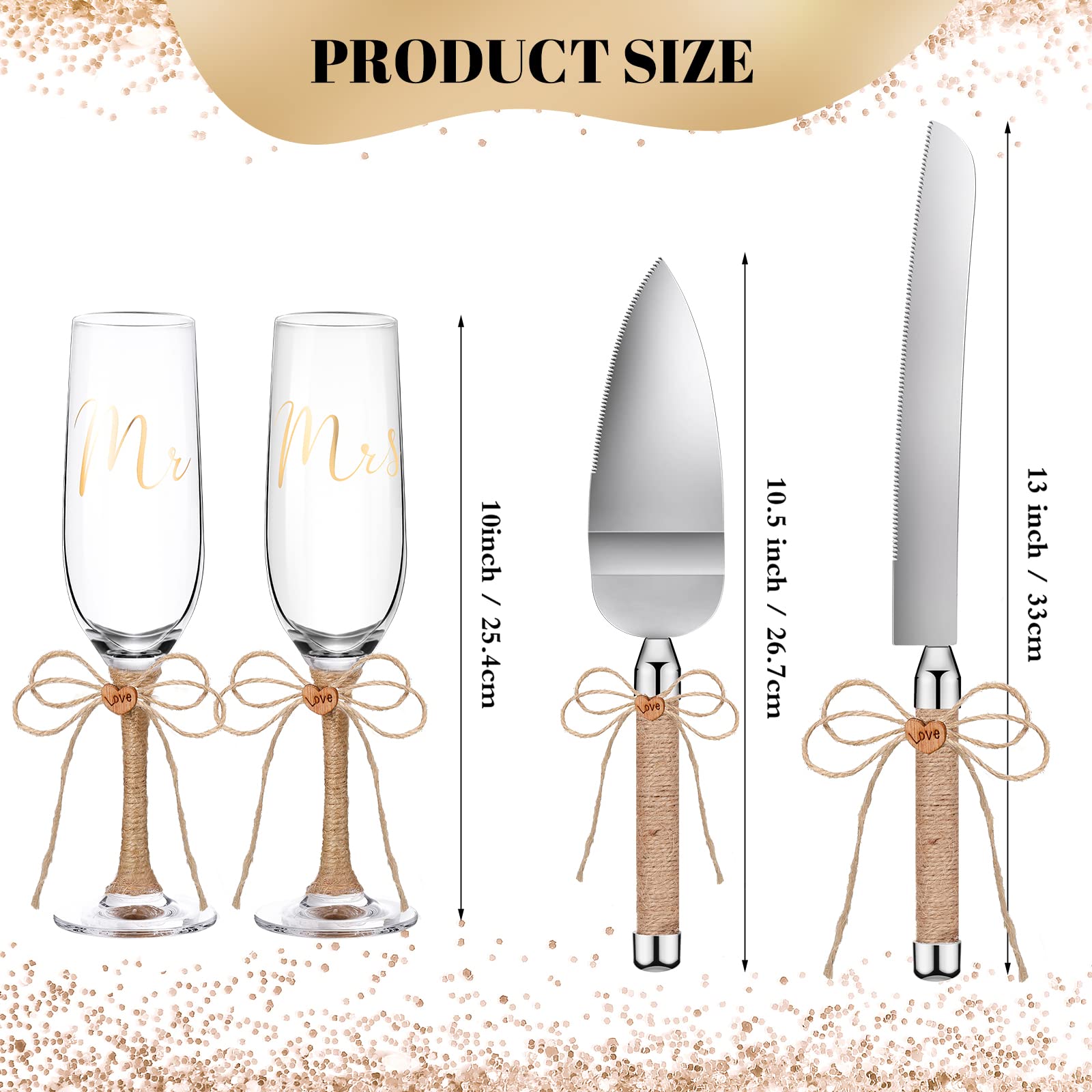 4 Piece Wedding Toasting Flutes and Cake Server Set Wedding Reception Supplies Champagne Glasses Cake Knife Pie Server (Burlap Bow)