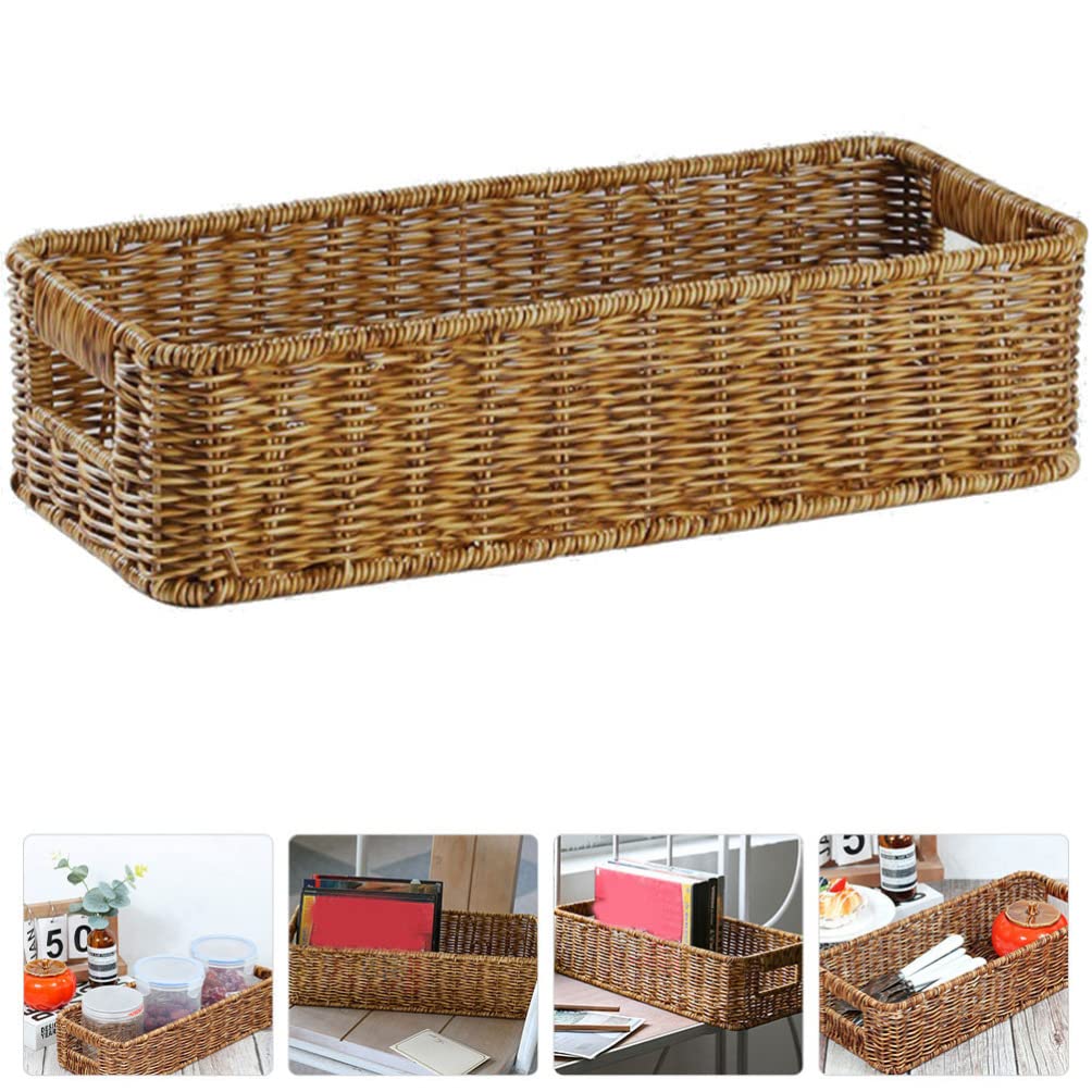 Angoily Small Woven Basket for Storage Natural Wicker Basket for Organizing, Wicker Storage Basket with Handle for Pantry, Bedroom, Living, Shelves (13.95X6.09X3.54in)