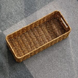 Angoily Small Woven Basket for Storage Natural Wicker Basket for Organizing, Wicker Storage Basket with Handle for Pantry, Bedroom, Living, Shelves (13.95X6.09X3.54in)