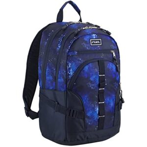 fuel dynamo active backpack, fits most laptops up to 15", front access pockets, padded lumbar, comfortable, adjustable straps - blue galaxy