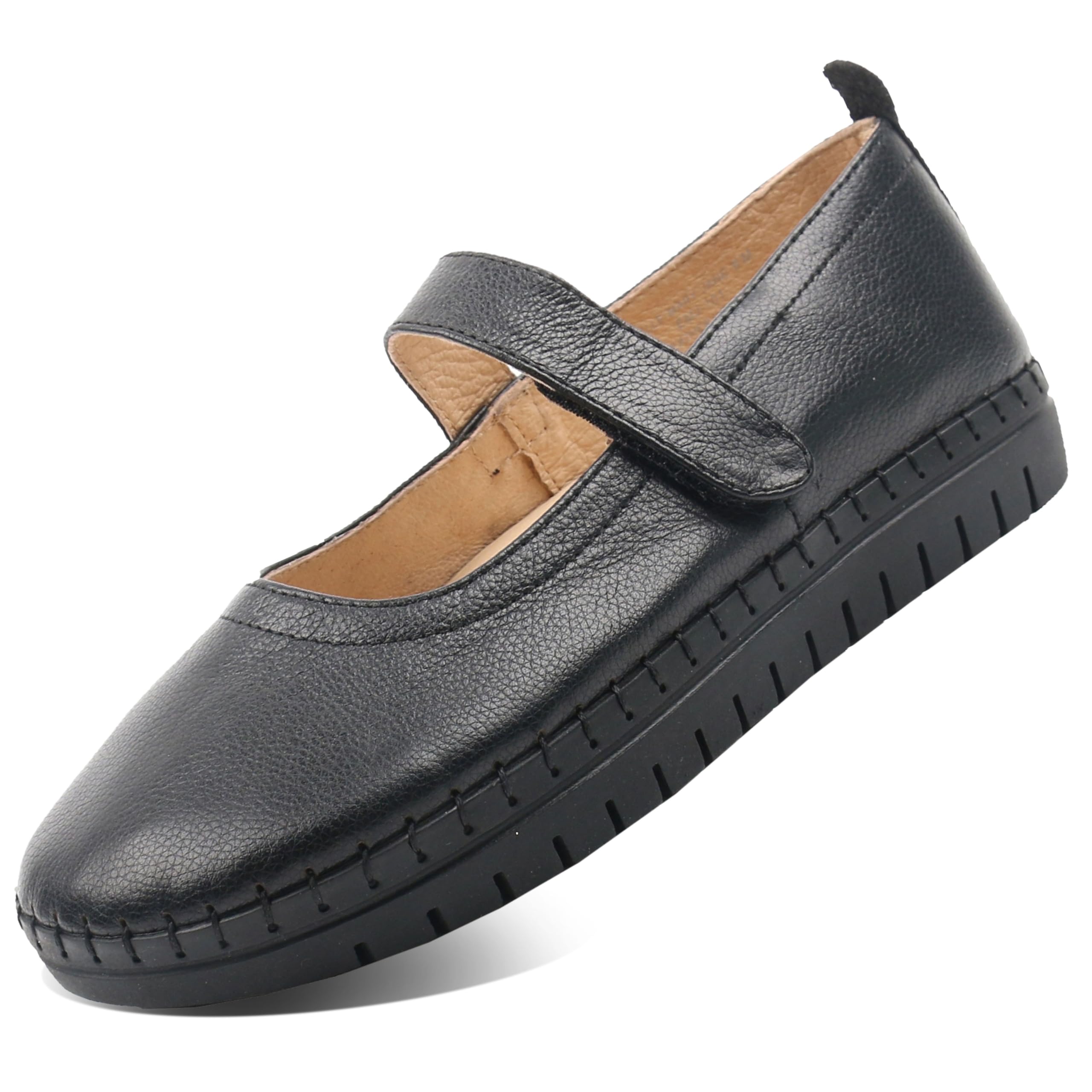 Glolily ELLE Mary Jane Women's Slip-On Comfort Flats - Black Leather, Size 8