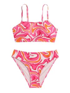 wdirara girl's swimwear beach sport all over marble print 2 piece bikini preppy swimsuit bathing suits pink and orange 10-11y