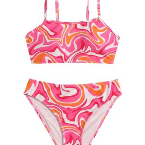 WDIRARA Girl's Swimwear Beach Sport All Over Marble Print 2 Piece Bikini Preppy Swimsuit Bathing Suits Pink and Orange 10-11Y