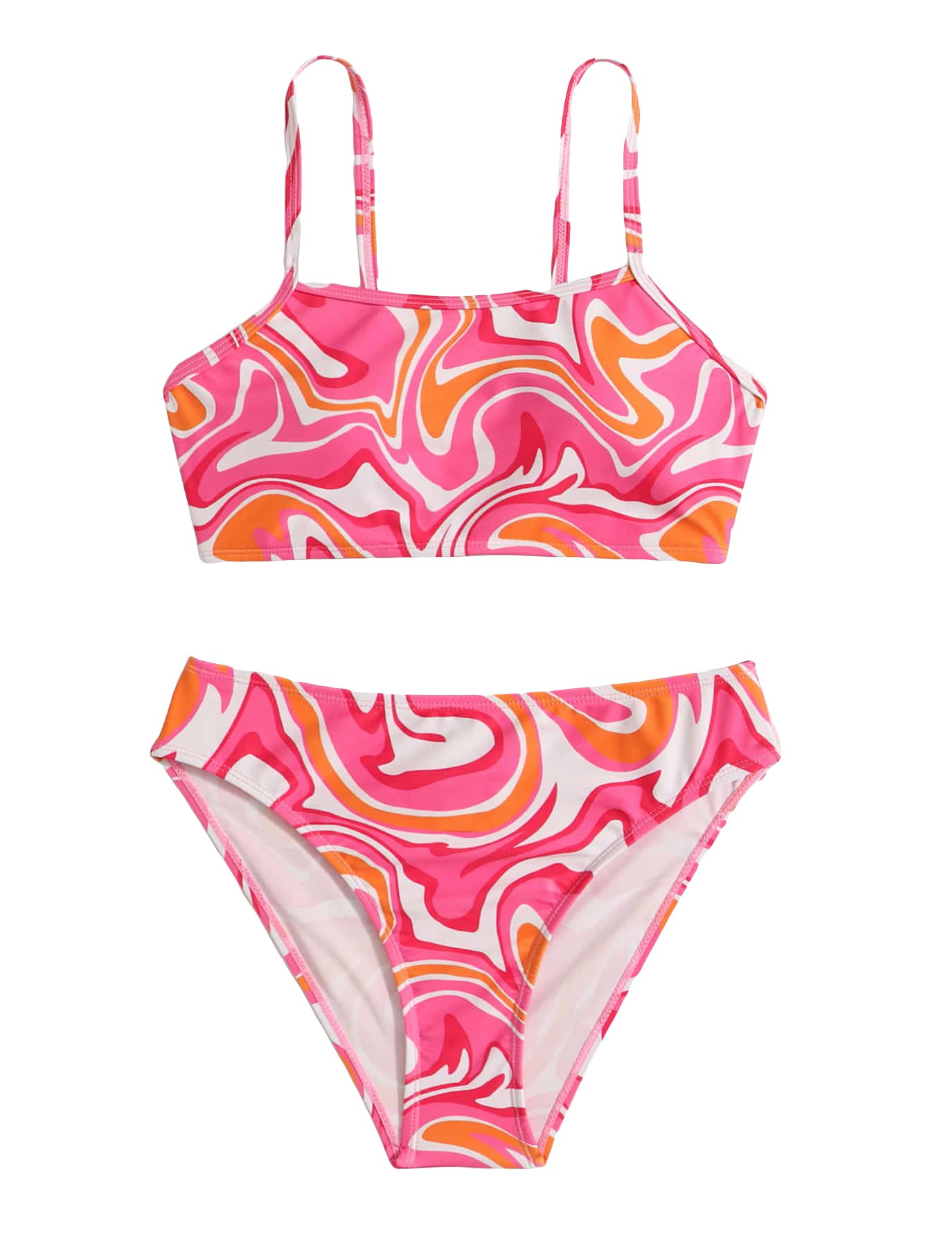 WDIRARA Girl's Swimwear Beach Sport All Over Marble Print 2 Piece Bikini Preppy Swimsuit Bathing Suits Pink and Orange 10-11Y