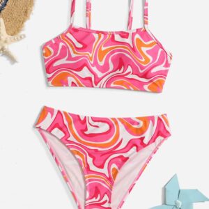 WDIRARA Girl's Swimwear Beach Sport All Over Marble Print 2 Piece Bikini Preppy Swimsuit Bathing Suits Pink and Orange 10-11Y