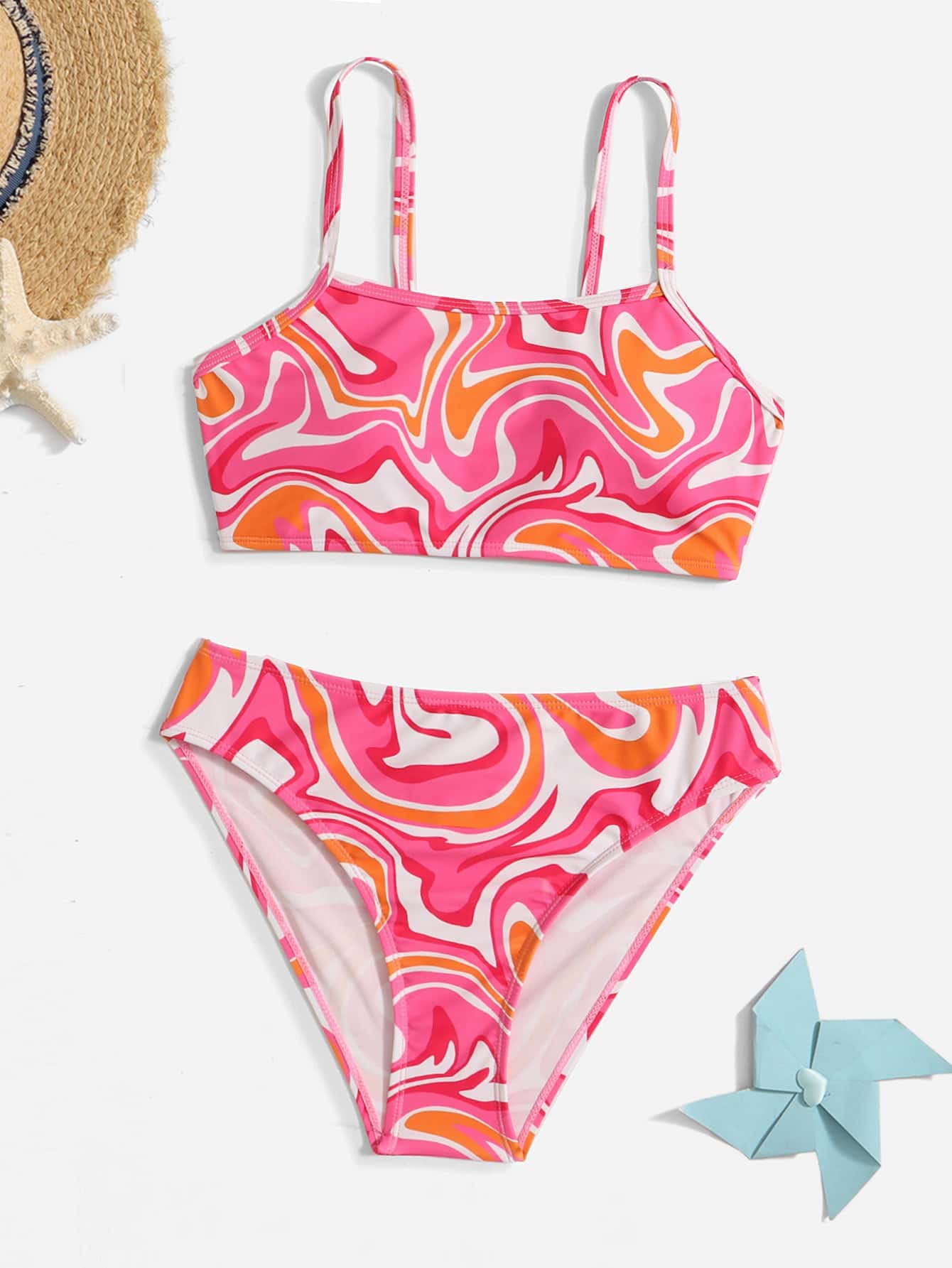 WDIRARA Girl's Swimwear Beach Sport All Over Marble Print 2 Piece Bikini Preppy Swimsuit Bathing Suits Pink and Orange 10-11Y