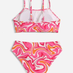 WDIRARA Girl's Swimwear Beach Sport All Over Marble Print 2 Piece Bikini Preppy Swimsuit Bathing Suits Pink and Orange 10-11Y