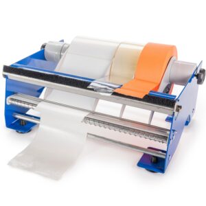 idl packaging 12" manual label and tape dispenser, 2" and up core size, adjustable roll width - tabletop & wall-mounted multi roll holder - industrial grade steel construction