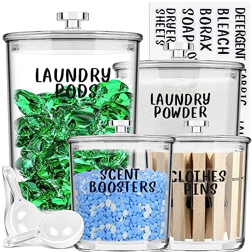 TIDIdea 4 Pack Laundry Room Organization Jars - Laundry Storage Containers with Labels & Scoops Hold Pods, Powder, Scent Booster, Beads, Soap, Detergent - Great Laundry Organizer - Clear Acrylic