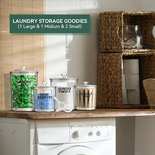 TIDIdea 4 Pack Laundry Room Organization Jars - Laundry Storage Containers with Labels & Scoops Hold Pods, Powder, Scent Booster, Beads, Soap, Detergent - Great Laundry Organizer - Clear Acrylic