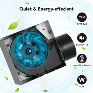 OREiN OL003 Bathroom Exhaust Fan with Light, 40W Bathroom Fan with Humidity Sensor, 160 CFM 1.0 Sones Bathroom Vent Fan with Light For Home, 1500lm LED Light 3000K/4000K/5000K Selectable & Nightlight