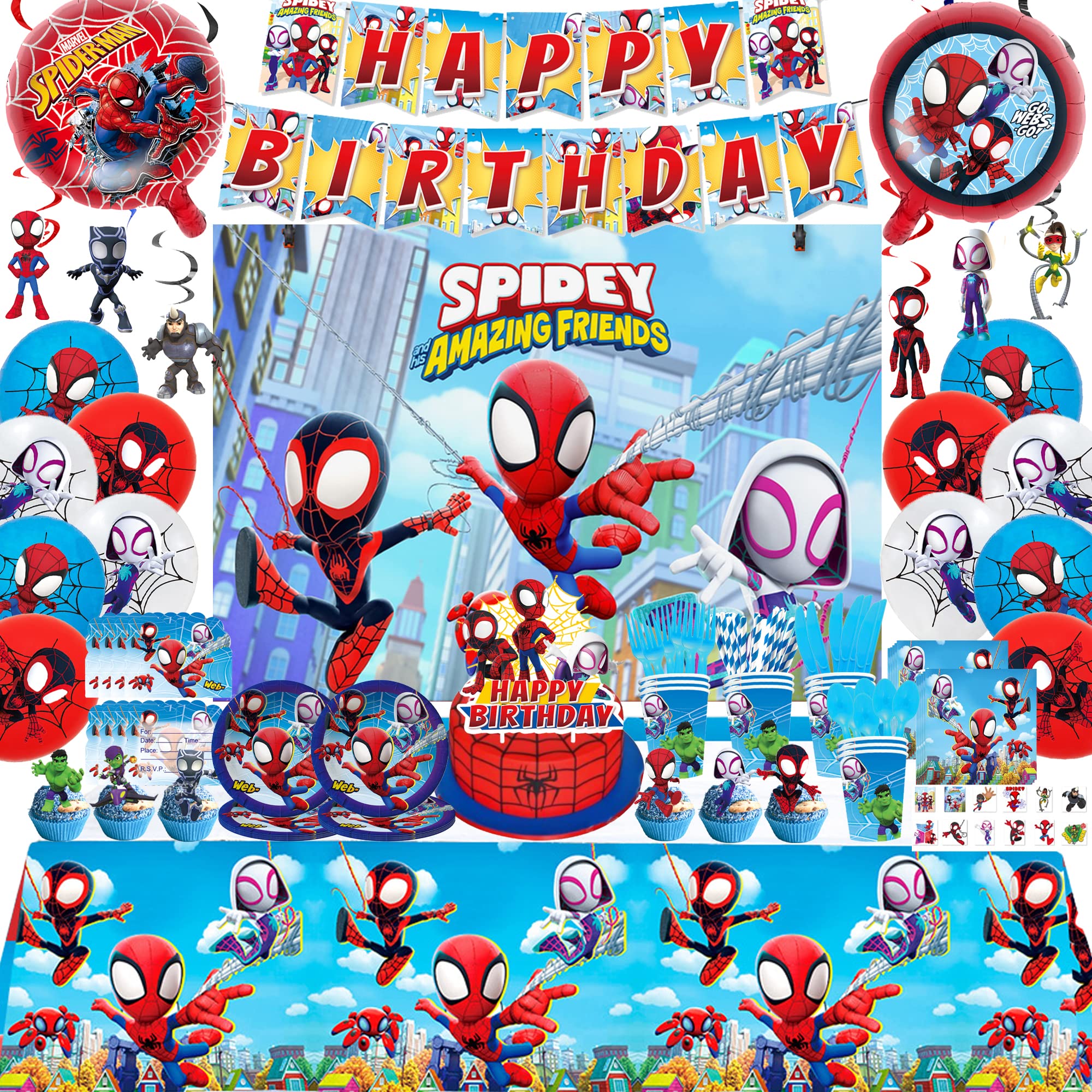 203PCS Birthday Party Supplies and Decorations for Kids, Serves 10 Guests with Backdrop, Banner, Invitation Cards, Cake Topper, Foil Balloon, Swirls, Balloons, Stickers, Tableware