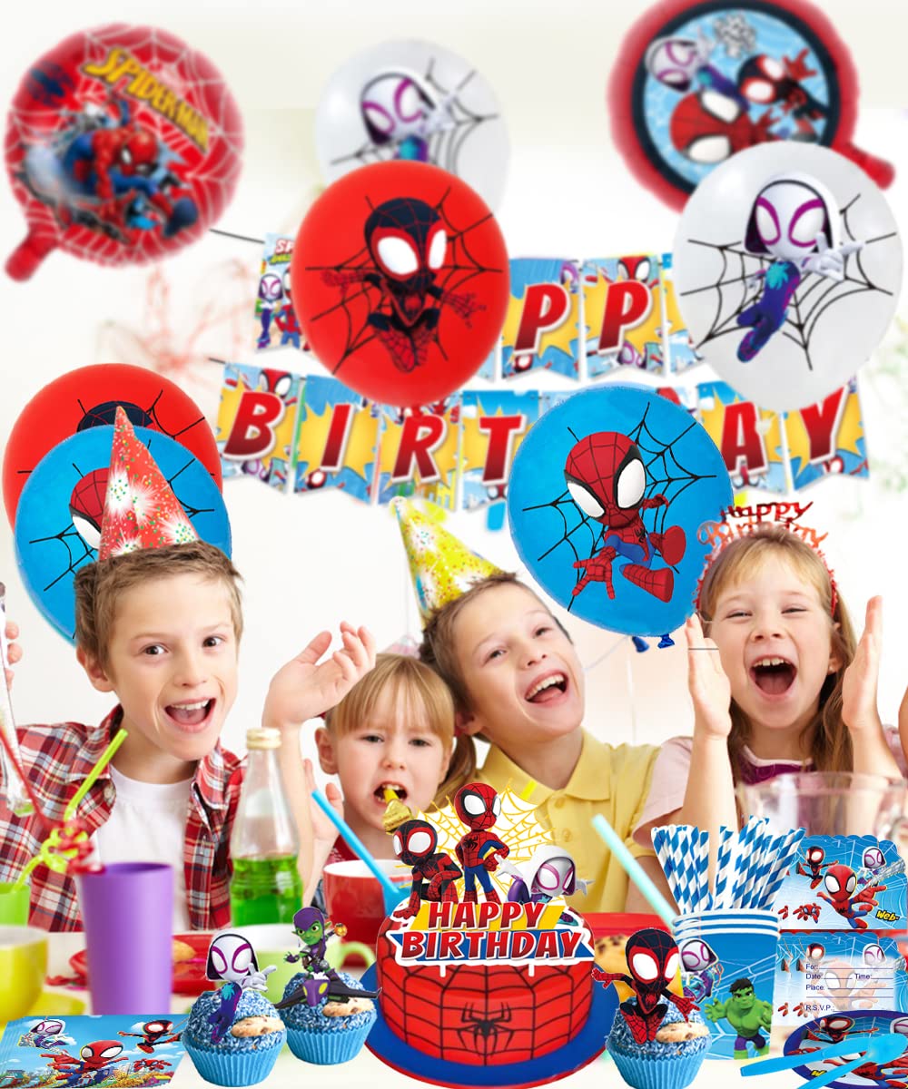 203PCS Birthday Party Supplies and Decorations for Kids, Serves 10 Guests with Backdrop, Banner, Invitation Cards, Cake Topper, Foil Balloon, Swirls, Balloons, Stickers, Tableware