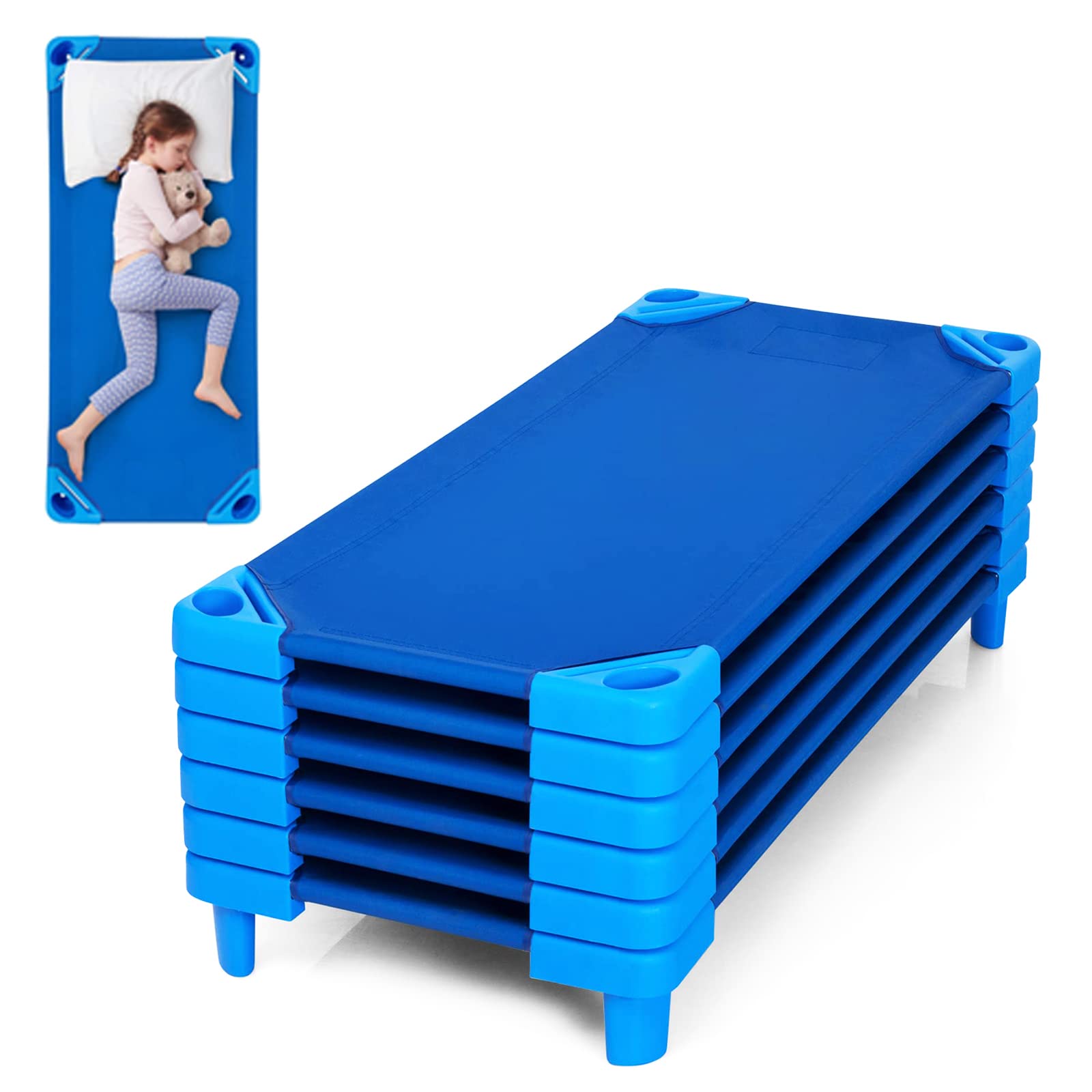 DORTALA Toddler Daycare Cots, Pack of 6, Stackable Sleeping Cots for Kids w/Easy Lift Corners, Children Nap Cots for Nursery, Preschool, Classroom, Naptime, Dark Blue