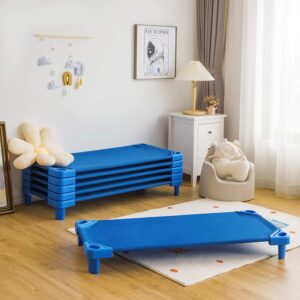 DORTALA Toddler Daycare Cots, Pack of 6, Stackable Sleeping Cots for Kids w/Easy Lift Corners, Children Nap Cots for Nursery, Preschool, Classroom, Naptime, Dark Blue