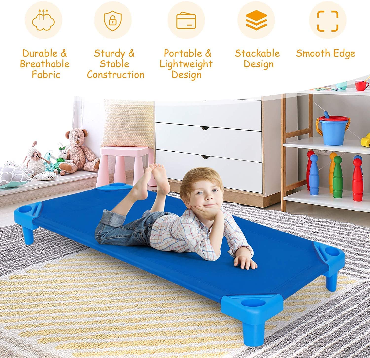 DORTALA Toddler Daycare Cots, Pack of 6, Stackable Sleeping Cots for Kids w/Easy Lift Corners, Children Nap Cots for Nursery, Preschool, Classroom, Naptime, Dark Blue