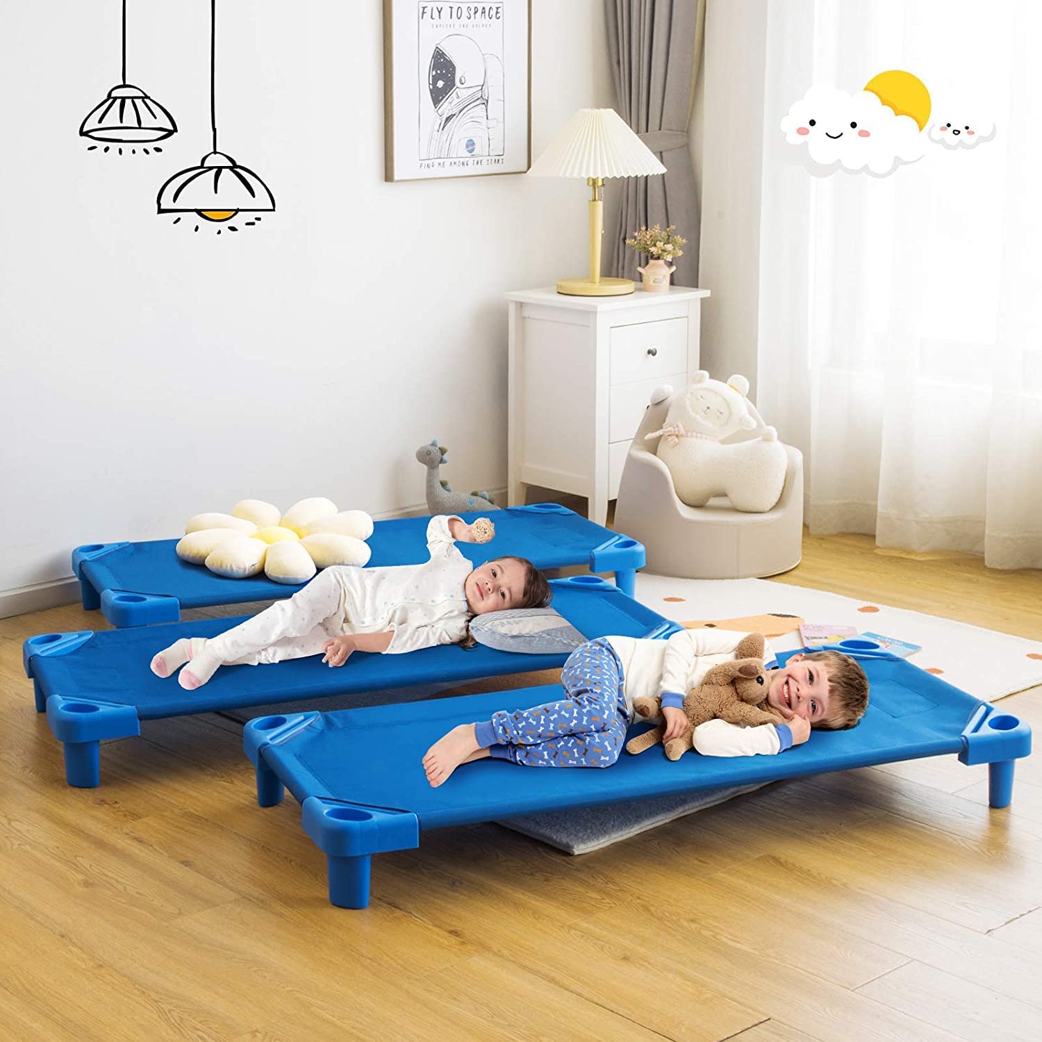 DORTALA Toddler Daycare Cots, Pack of 6, Stackable Sleeping Cots for Kids w/Easy Lift Corners, Children Nap Cots for Nursery, Preschool, Classroom, Naptime, Dark Blue